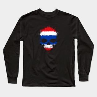 Chaotic Thai Flag Splatter Skull Long Sleeve T-Shirt